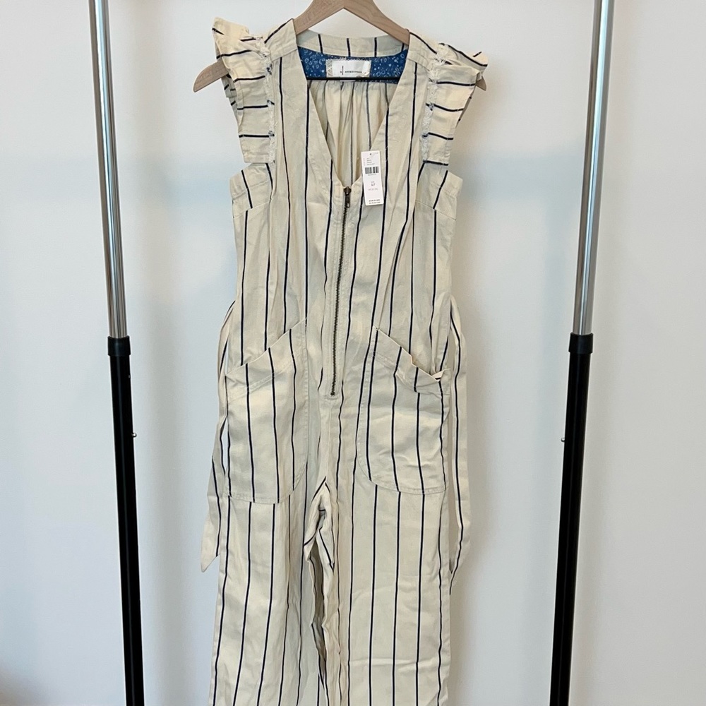 NWT Anthropologie Cream & Blue Striped Jumpsuit Size 4P